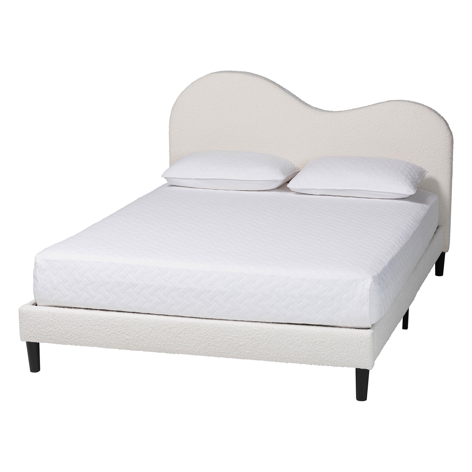 Baxton Studio Dalton Boucle Upholstered Platform Bed - Soft Fabric Queen Size Bed Frame with Headboard, Minimalist Design, Cream Affordable modern furniture in Chicago, classic bedroom furniture, modern queen, cheap queen